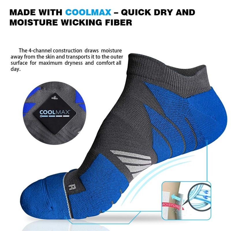 Hylaea Mens No Show Tab Socks Athletic, Running Socks No Blisters, Moisture Wicking with Coolmax Cushion ideal for Sports Gym Golf, Low Cut, Gray Blue Red xLarge 3 Pairs - Image 3
